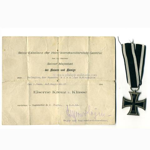 Eisernes Kreuz 2. Klasse 1914 mit Verleihungsurkunde '1.Nass.Inf.Regts.Nr.87'