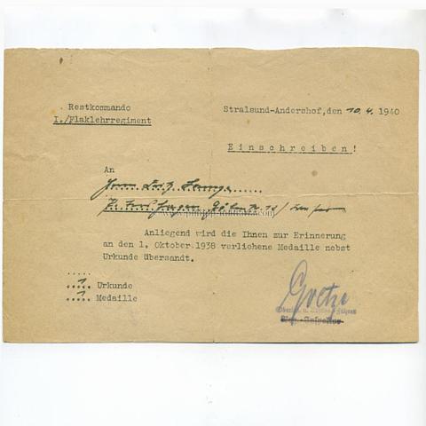 Übersendungsschreiben zur Medaille 1.Oktober 1938 mit Urkunde