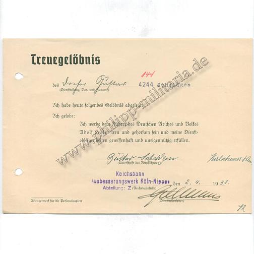 Urkunde über die Abgabe des ' Treuegelöbnis ' auf Adolf Hitler