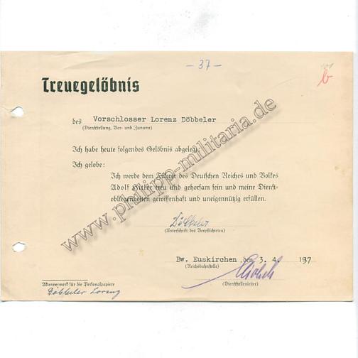 Urkunde über die Abgabe des " Treuegelöbnis " auf Adolf Hitler