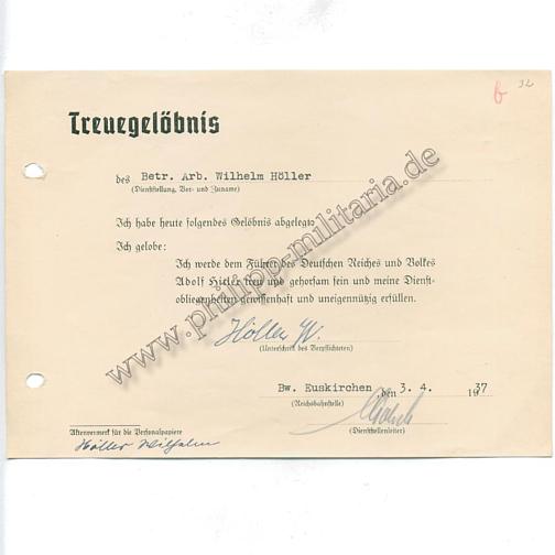 Urkunde über die Abgabe des ' Treuegelöbnis ' auf Adolf Hitler