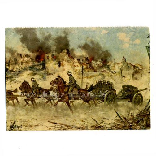 Künstlerpostkarte - Bespannte Artillerie im Einsatz