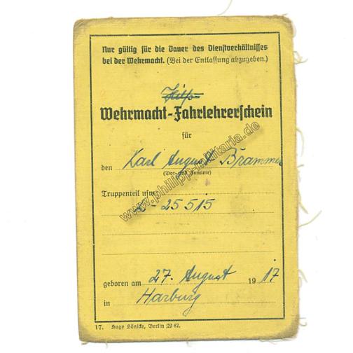 Wehrmacht - Fahrlehrerschein für Verbrennungsmaschine und Halbketten bis 1o To.