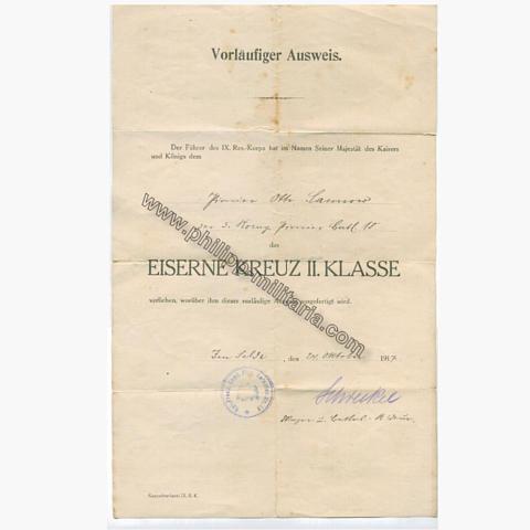 Eisernes Kreuz 2. Klasse 1914, vorläufiger Ausweis  