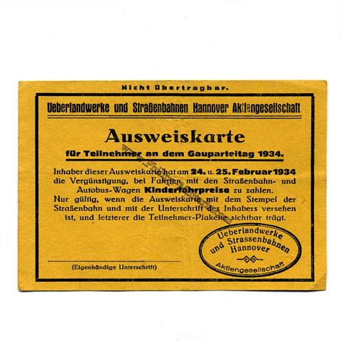 Ausweiskarte für die Teilnehmer an dem Gauparteitag 1934