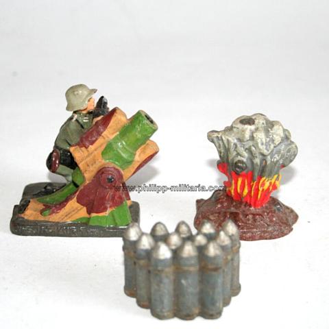 Lineol / Lot mit 3 Teilen - Mörser, Granaten & Detonation - alte Massefiguren 