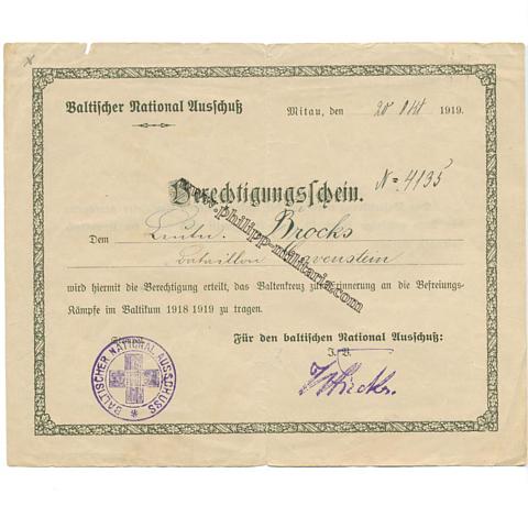 Freikorps, Baltenkreuz zur Erinnerung an die Befreiungskämpfe im Baltikum 1918/1919 - Berechtigungsschein