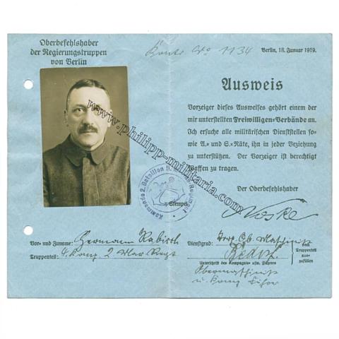 Freikorps - Ausweis vom Oberbefehlshaber der Regierungstruppen von Berlin