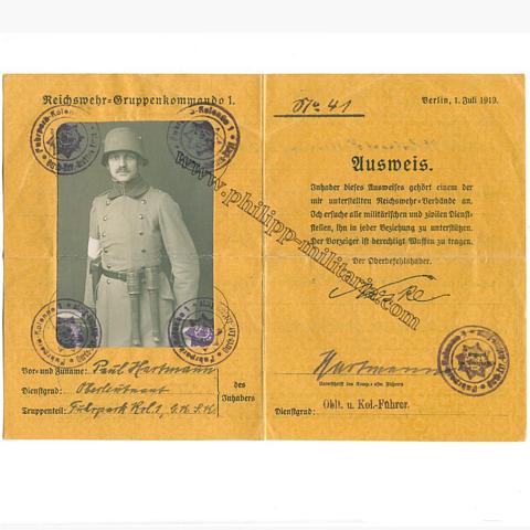 Freikorps - Ausweis vom Reichswehr-Gruppenkommando 1