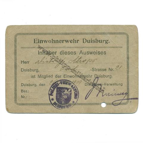 Freikorps - Ausweis der Einwohner Wehr Duisburg