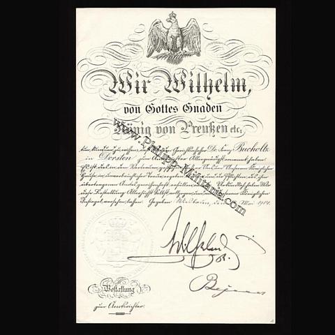 WILHELM II., Deutscher Kaiser und König (1856-1941) Bestallung, eigenhändige Unterschrift / Autograph