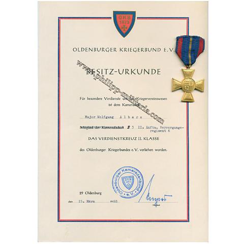Oldenburg / Oldenburger Kriegerbund E.V.-  Verdienstkreuz 2. Klasse mit Besitzurkunde