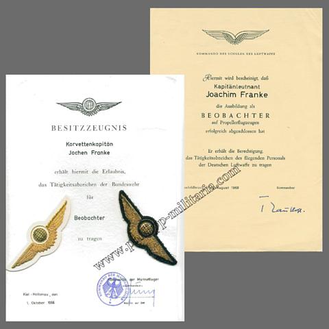Bundeswehr - Besitzzeugnis für des Tätigkeitsabzeichen für Beobachter mit Ausbildungsbescheinigung - dabei 2 Stoffabzeichen