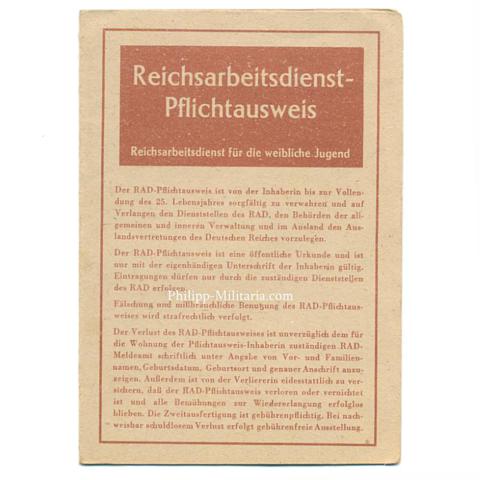 Arbeitsdienst weibliche Jugend im Reichsarbeitsdienst RAD/wJ - Reichsarbeitsdienst - Pflichtausweis