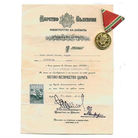Königreich Bulgarien Weltkriegserinnerungsmedaille 1915-1918 mit Verleihungsurkunde