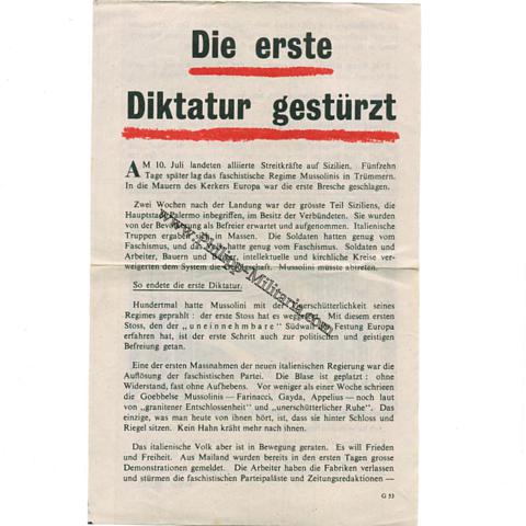 Alliiertes Propagandaflugblatt 2.Weltkrieg 'Die erste Diktatur gestürzt'
