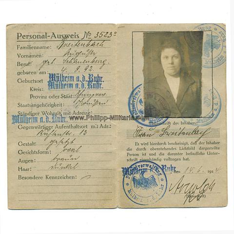 Personal-Ausweis einer Bewohnerin im französisch besetzten Gebiet Mülheim a.d.Ruhr  