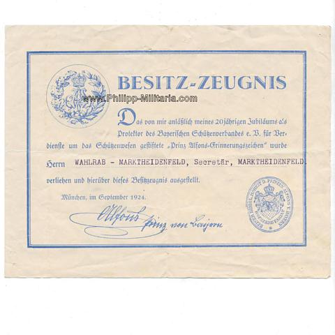 Besitzzeugnis zur Prinz Alfons-Erinnerungszeichen, Königreich Bayern