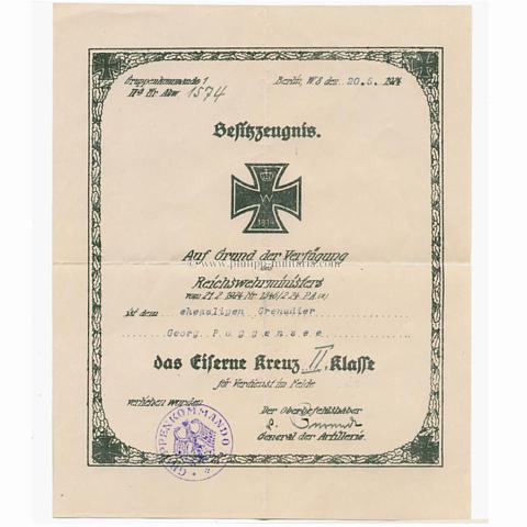 Eisernes Kreuz 2. Klasse 1914, Besitzzeugnis