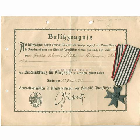 Verdienstkreuz für Kriegshilfe / Kriegs-Hilfsdienst 1917-1924 mit Besitzzeugnis - Preussen 
