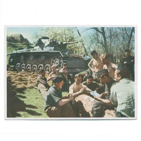 Postkarte - ' Bei unseren Schnellen Truppen ' - Deutscher Panzer in Ruhestellung