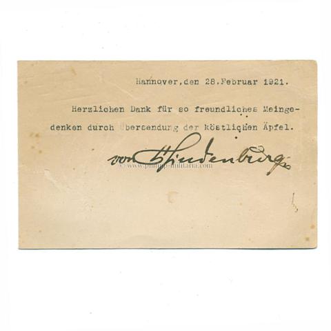 HINDENBURG Paul von Beneckendorff und von Preußischer Generalfeldmarschall, Reichspräsident (1847-1934) eigenhändige Unterschrift / Autograph