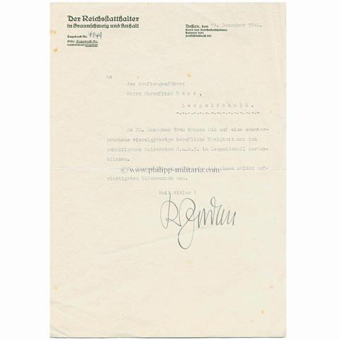 JORDAN, Rudolf - Reichsstatthalter von Braunschweig und Anhalt - eigenhändige Unterschrift 