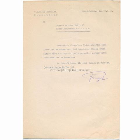 RINGEL, Julius Generalleutnant und Kdr. 5. Geb.Division - eigenhändige Unterschrift 