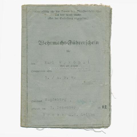 Wehrmacht - Führerschein '5./A.R.49' - Träger des Deutschen Kreuz in Gold Karl Wykopal