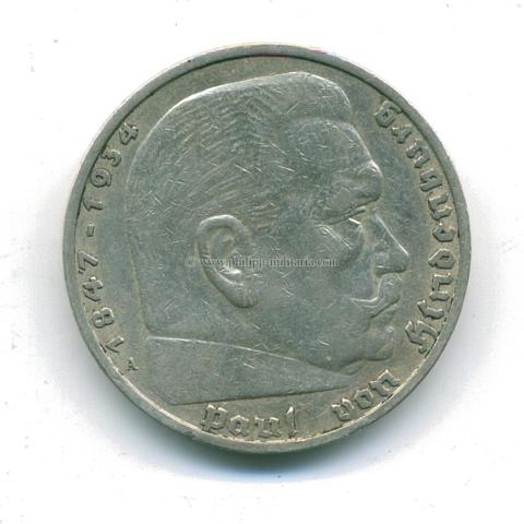 Silbermünze III. Reich 5 Reichsmark, Paul von Hindenburg 1936