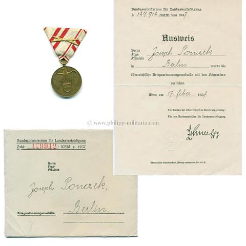 Österreich - Kriegserinnerungsmedaille 1914-1918 'Für Österreich' mit Ausweis-Urkunde