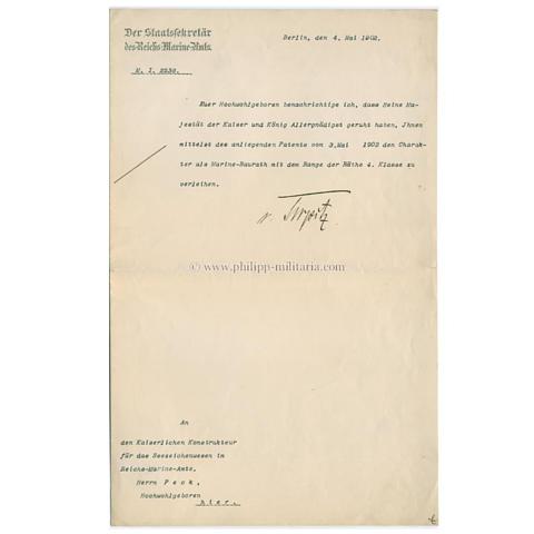 TIRPITZ, Alfred  von, Patent zum Marine-Baurath der Kaiserlichen Marine, eigenhändige Unterschrift / Autograph