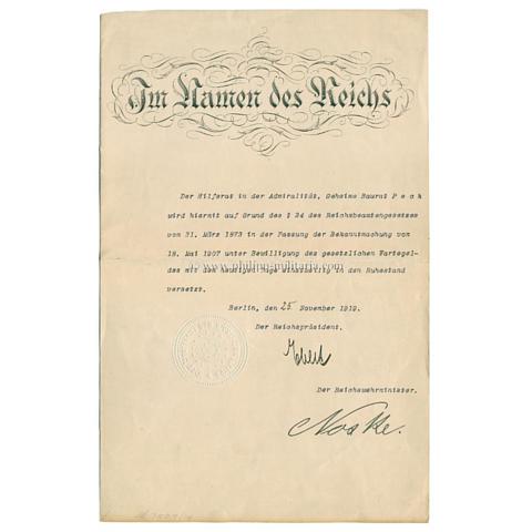 EBERT, Friedrich (1871-1925) 1919 als Reichspräsident, eigenhändige Unterschrift auf Urkunde