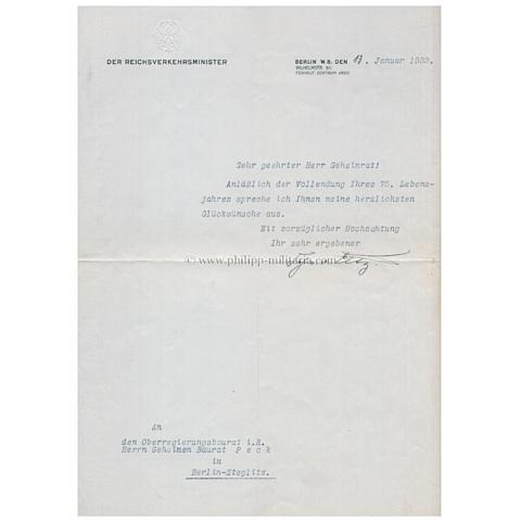 ELTZ - RÜBENACH, Paul, Freiherr von, Reichsverkehrsminister 1932-1937, eigenhändige Unterschrift / Autograph