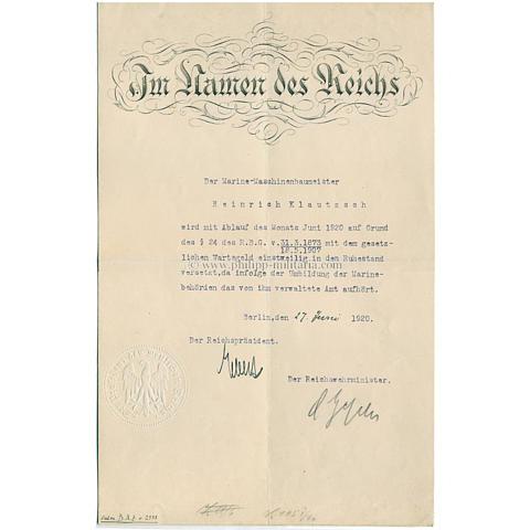 EBERT, Friedrich (1871-1925) 1920 als Reichspräsident, eigenhändige Unterschrift / Autograph
