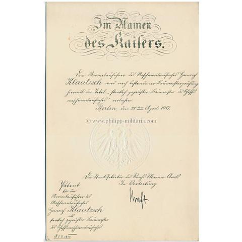 Bestallungsurkunde, Patent zum Schiffsmaschinenbauführer 28.April 1917, Kaiserliche Marine