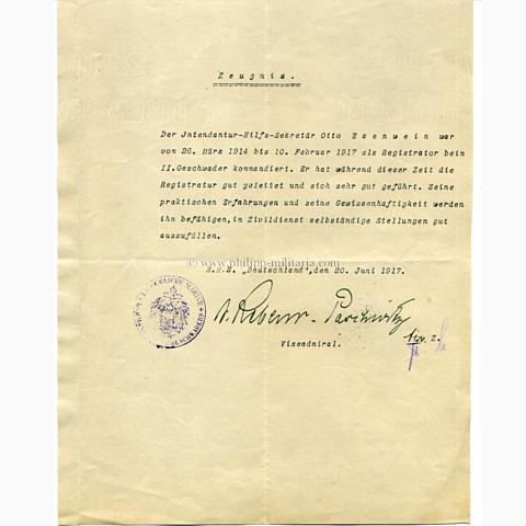 REBEUR-PASCHWITZ, Hubert Vizeadmiral und Chef des II. Geschwaders, eigenhändige Unterschrift / Autograph