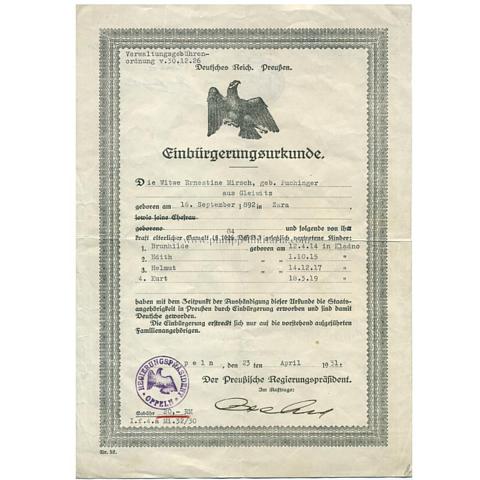 Einbürgerungsurkunde für die Staatsbürgerschaft in Preussen