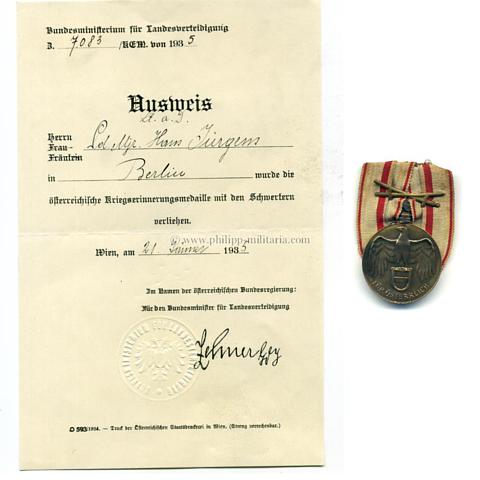 Österreich Kriegserinnerungsmedaille 1914-1918 'Für Österreich' mit Ausweis-Urkunde
