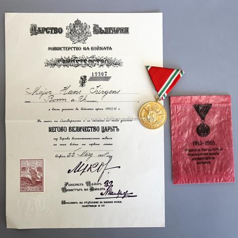 Königreich Bulgarien Weltkriegserinnerungsmedaille 1915-1918 mit Verleihungstüte und Verleihungsurkunde