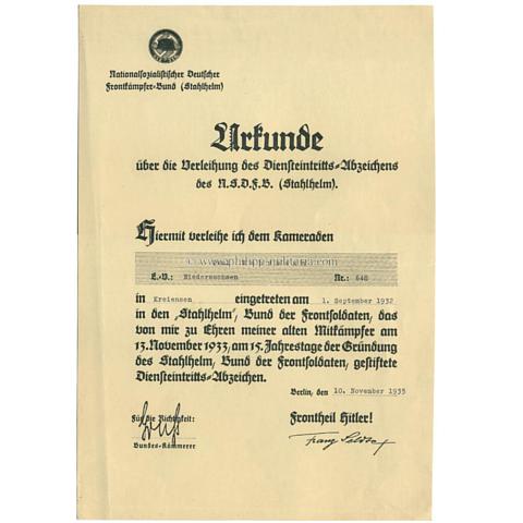 Stahlhelmbund Urkunde zum Eintrittsabzeichen 1932