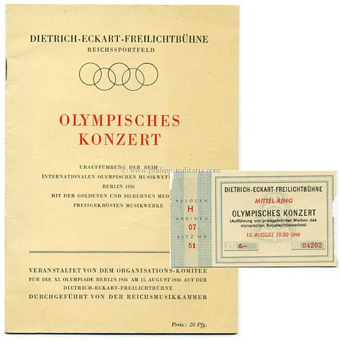 Olympiade Berlin 1936 - Eintrittskarte mit Programmheft 'Dietrich-Eckart-Freilichtbühne', 'Olympisches Konzert' am 15.August 