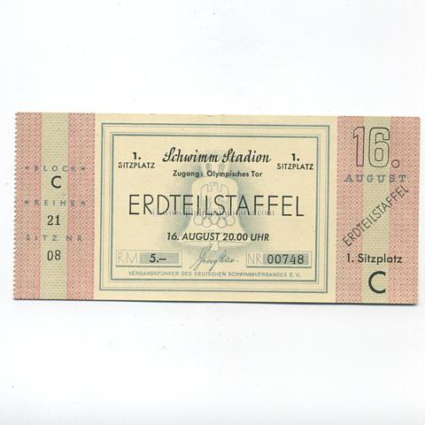 Olympiade Berlin 1936, Eintrittskarte Schwimm Stadion ' Erdteilstaffel ' 16.August '