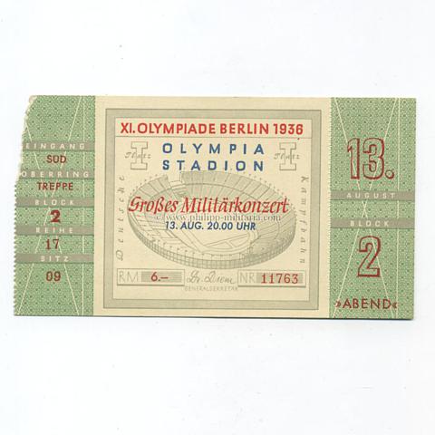 Olympiade Berlin 1936, Eintrittskarte ' Großes Militärkonzert ' am 13.August