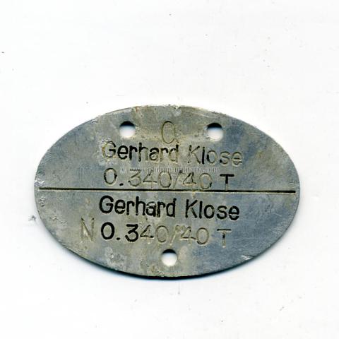 Kriegsmarine - Erkennungsmarke 'Gerhard Klose 0.3340/40/'