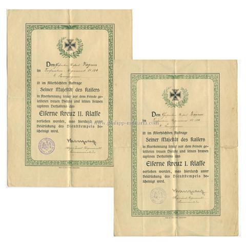 Eisernes Kreuz I. und II. Klasse 1914 - 'Inf. Regt.No.184' - Verleihungsurkunden