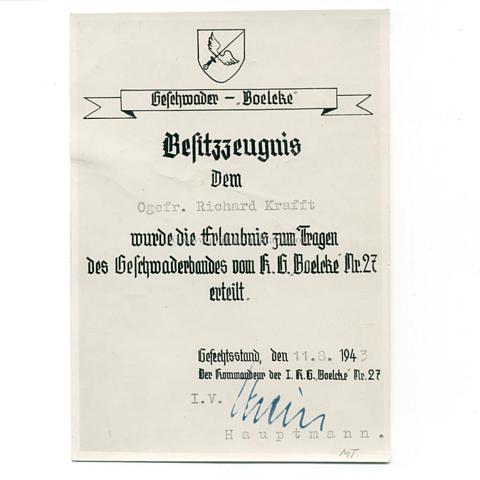 Besitzzeugnis - Erlaubnis zum Tragen des Geschwaderbandes vom K.G.'Boelcke' Nr.27