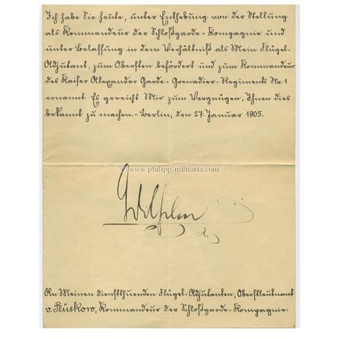 WILHELM II., Deutscher Kaiser und König (1856-1941), eigenhändige Unterschrift auf Bestallung / Beförderung des Otto von Plüskow zum Obersten und Kommandeur d. Kaiserlichen Alexander-Garde-Grenadier-Regiments Nr.1.