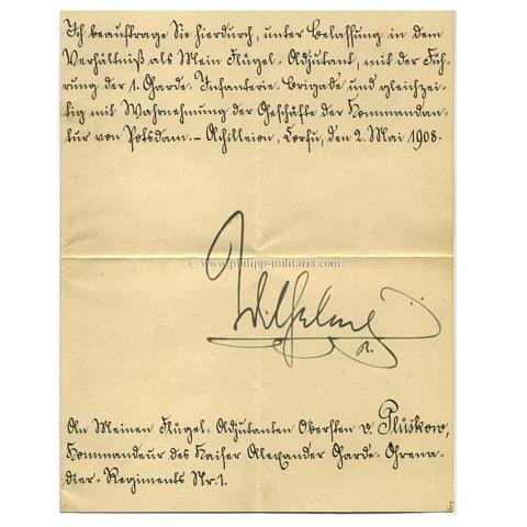 WILHELM II., Deutscher Kaiser und König (1856-1941), eigenhändige Unterschrift auf einer Bestallung / Beförderung des Otto von Plüskow zum Flügeladjutanten 
