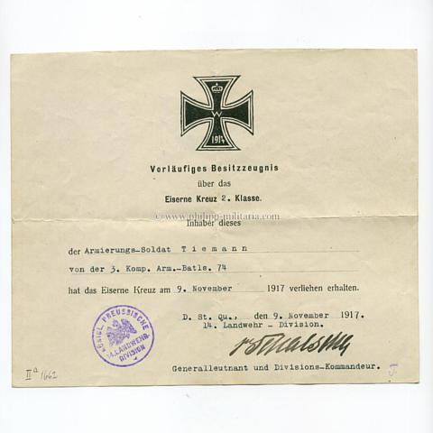 Eisernes Kreuz II. Klasse 1914 - Besitzzeugnis